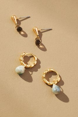 By Anthropologie Stone Drop Huggie Hoop Earrings, Set Of 2 In Blue