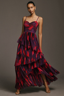Hutch Akila Pleated Tiered Gown In Purple
