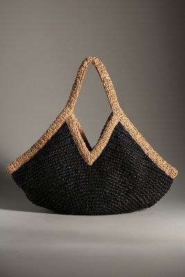 By Anthropologie Tipped Angular Straw Tote Bag In Black