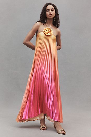 Delfi Collective Giselle Halter Pleated Ombre Maxi Dress