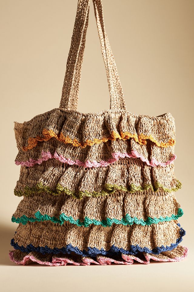 Multicolor Ruffled Straw Tote #1