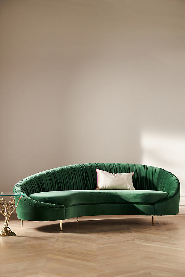 Anthropologie Asymmetrical Ruched Velvet Serpentine Sofa In Green