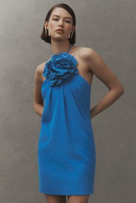 Shop Halston Akina Halter Rosette Mini Dress In Blue