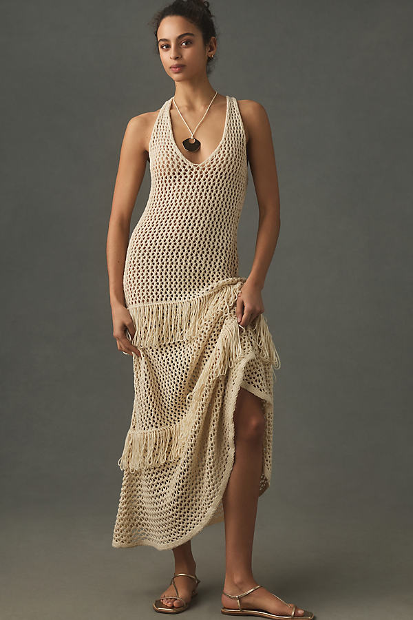 Sunday In Brooklyn Crochet Ruffle Tunic Maxi Dress In Beige