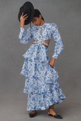 Shop Aqua Blu Azalea Thelma Long-sleeve Cutout Tiered Maxi Dress In Blue
