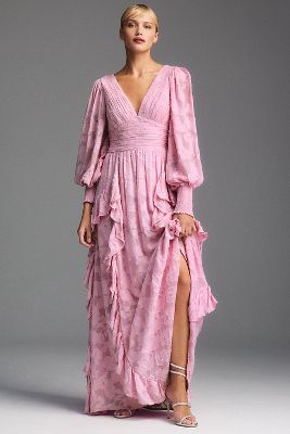 Bhldn Ariana Long-sleeve V-neck Jacquard Ruffled Maxi Dress In Purple