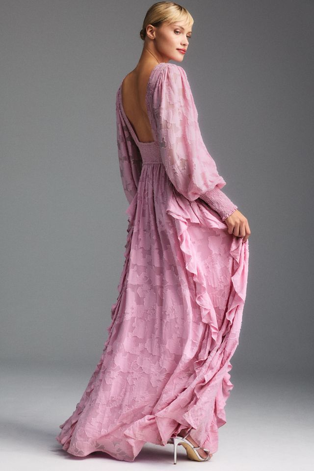 BHLDN Ariana Long-Sleeve V-Neck Jacquard Ruffled Maxi Dress #2