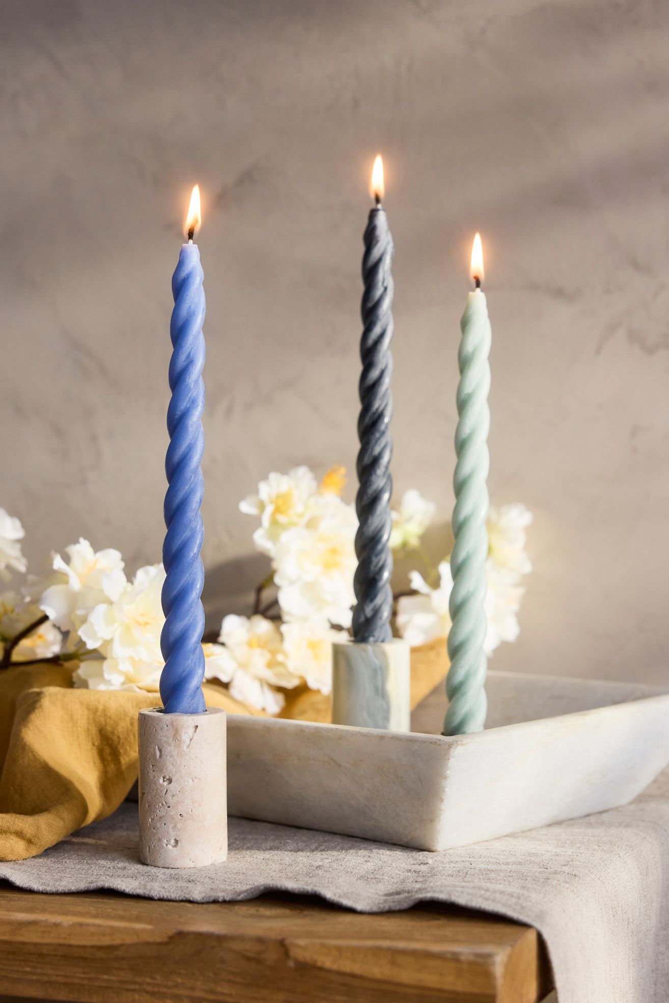 Twisty Taper Candles, Set of 3 Blue Multi - Blue Pattern, One Size