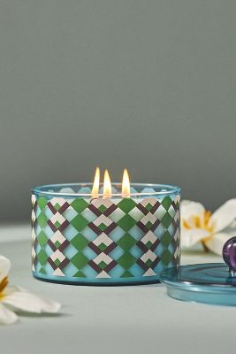 Anthropologie Farrah Floral Blue Poppy & Sage Glass Candle In Green