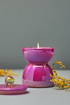 Anthropologie Farrah Floral Rose Garden Glass Candle In Pink