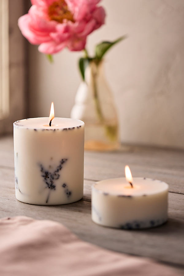 Terrain Pressed Floral Pillar Candle In Red