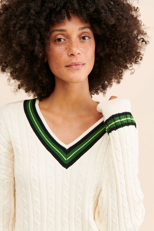 FRENCHMAUVE Cable Knit V-Neck Pullover #2