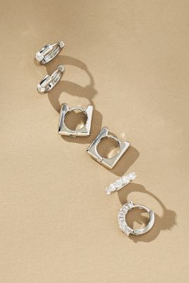 Shop By Anthropologie Crystal Huggie Earrings, Set Of 3 In Silver