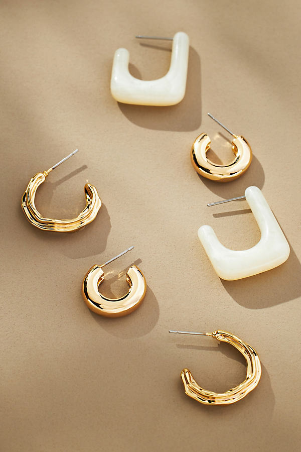 By Anthropologie Resin & Metal Huggie Earrings, Set Of 3 In White