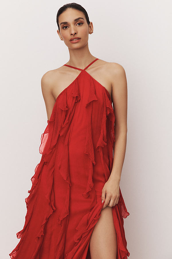 Bhldn Farrah High-neck Ruffle Chiffon Maxi Dress In Red
