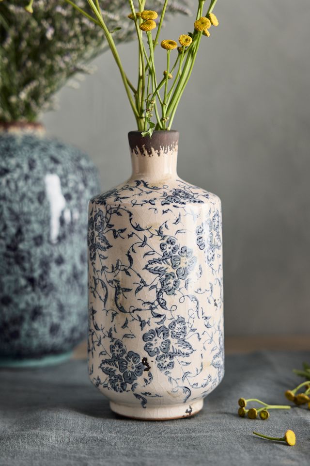 Blue Floral Ceramic Vase, Tall