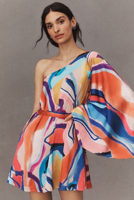 Shop Bhldn Stevie One-shoulder Satin Mini Dress In Multicolor