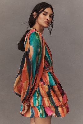 Shop Bhldn Esme V-neck Long-sleeve Wrap Chiffon Mini Dress In Multicolor