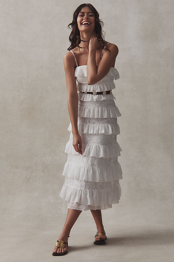 Bhldn Strapless Tiered Ruffle Lace Midi Dress In White