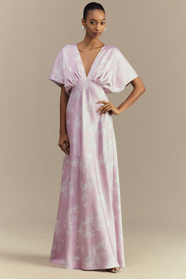 Bhldn Leila Deep-v Flutter-sleeve Satin A-line Gown In Purple