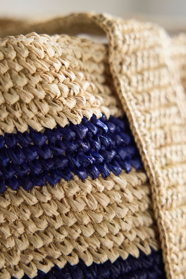 Striped Raffia Travel Tote, Navy #2