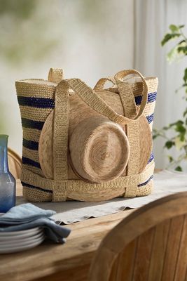 Striped Raffia Travel Tote, Navy