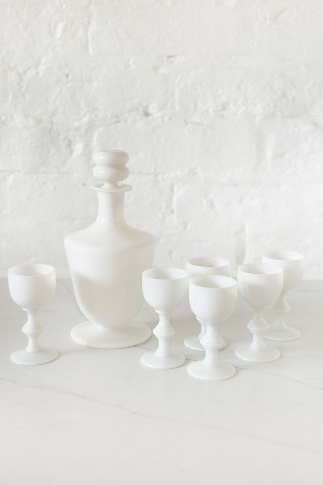 Old Flame Candle Co. Vintage Petite White Opaline Portieux Vallerysthal Decanter Set #1