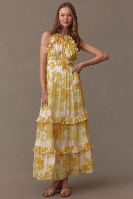 Shop Bhldn Ava Chiffon High-neck Ruffled Maxi Dress In Yellow