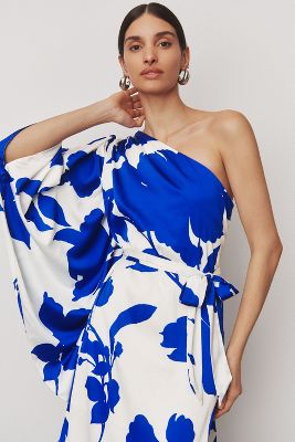 Shop Hutch Stretch Satin One-shoulder Maxi Dress In Blue
