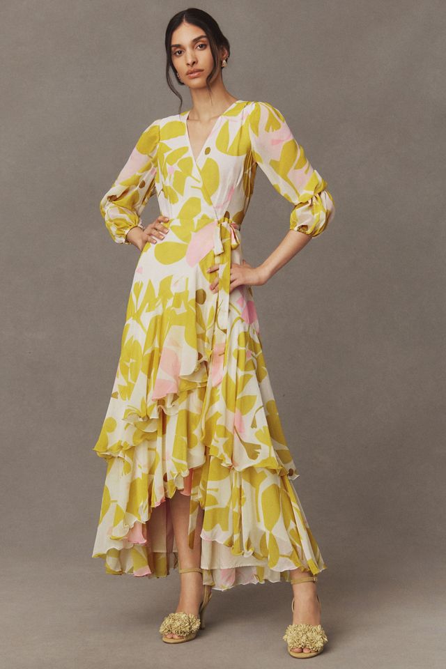hutch chiffon long-sleeve maxi dress Hutch Long Sleeve Velvet Burnout Maxi Wrap Dress in Blue