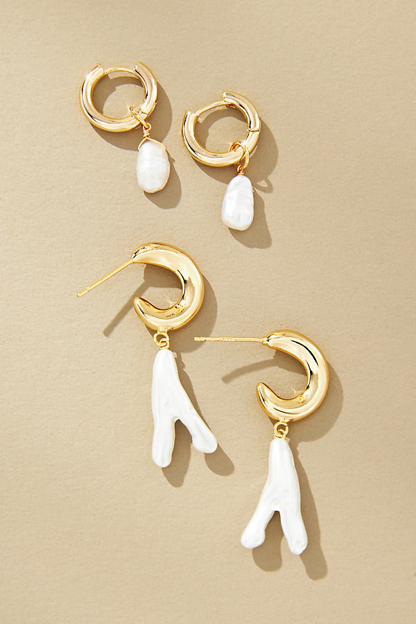 Pearl Huggie Hoop Earrings, Set of 2