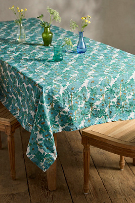Society of Wanderers Linen Tablecloth, Blue Blooms