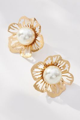 By Anthropologie Floral Pearl Post Earrings In Gold