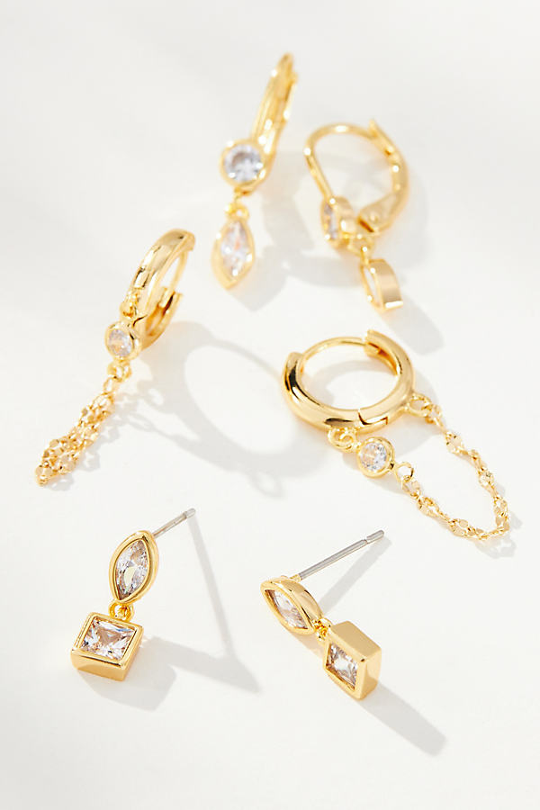 By Anthropologie Crystal Huggie Hoop Earrings, Set Of 3 In Gold