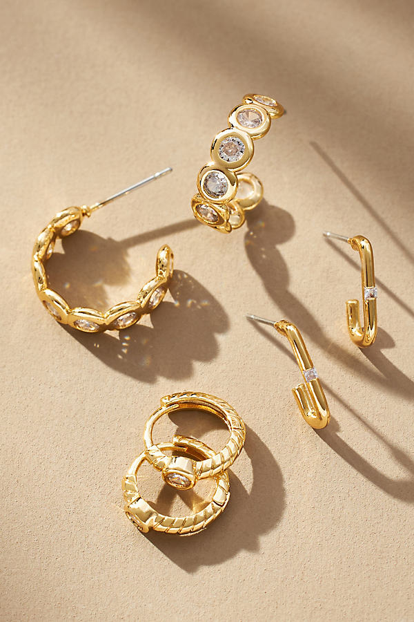 Gold-Plated Faceted Huggie Hoop Earrings, Set of 3