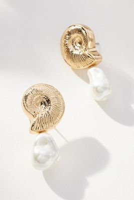 By Anthropologie Shell Pearl Drop Earrings In Gold