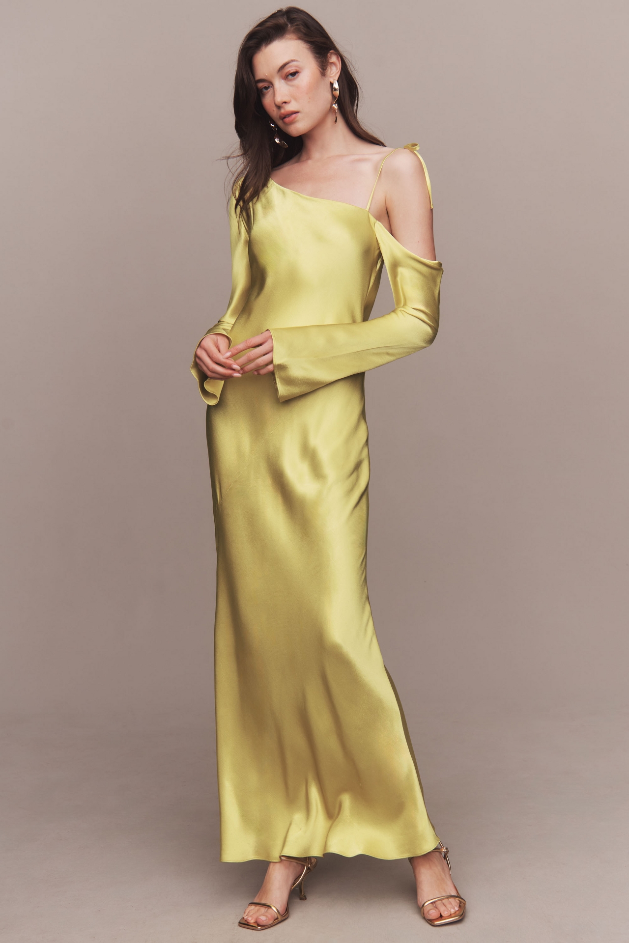 Shona Joy Sofia Asymmetrical Long-Sleeve Satin Maxi Dress