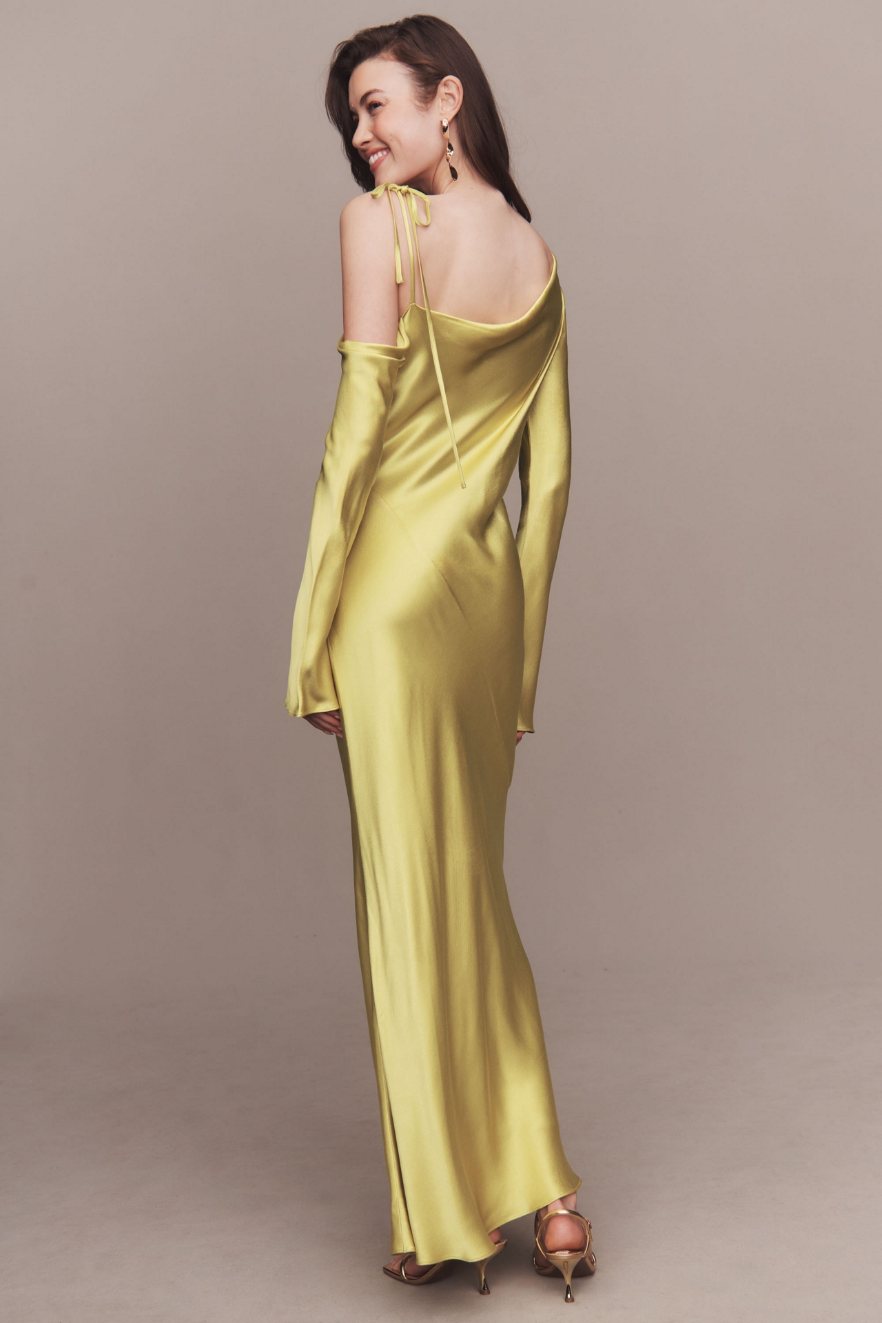 Shona Joy Sofia Asymmetrical Long-Sleeve Satin Maxi Dress