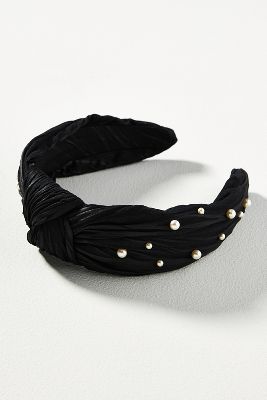 Shop By Anthropologie Everly Pleated Pearl Knot Headband In Black