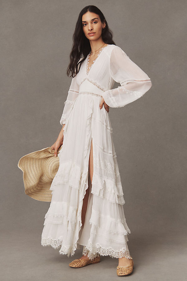 Shop Rococo Sand Mia Long-sleeve Ruffled Maxi Dress In White