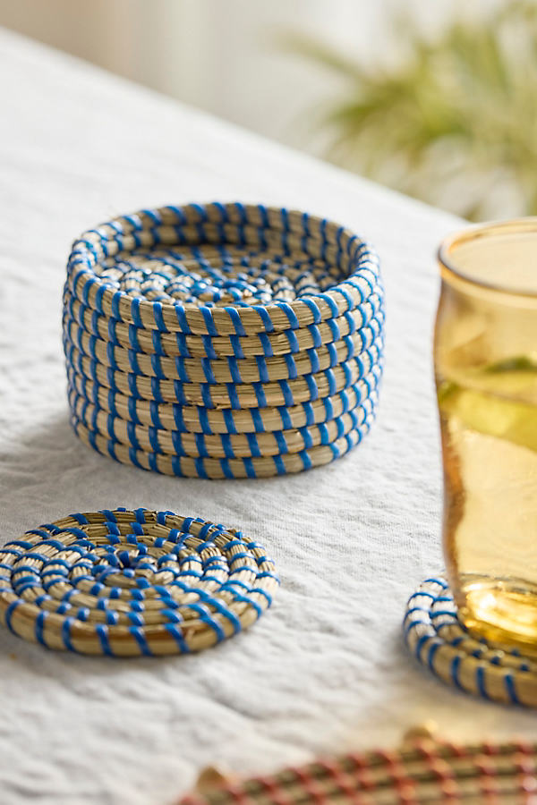 Shop Terrain Woven Seagrass Coasters, Set Of 6 In Blue