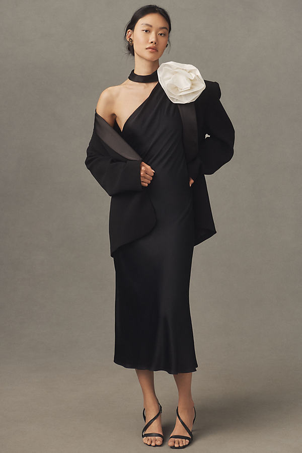 Shop Bhldn Nicoletta One-shoulder Tie-neck Satin Midi Dress In Black