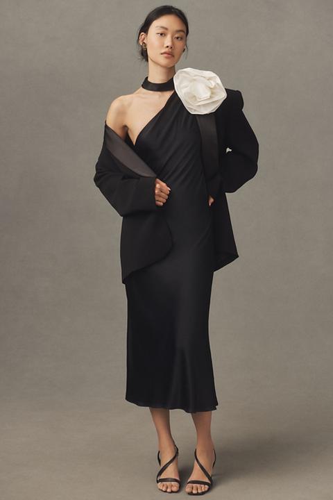 BHLDN Nicoletta One-Shoulder Scarf Satin Midi Dress