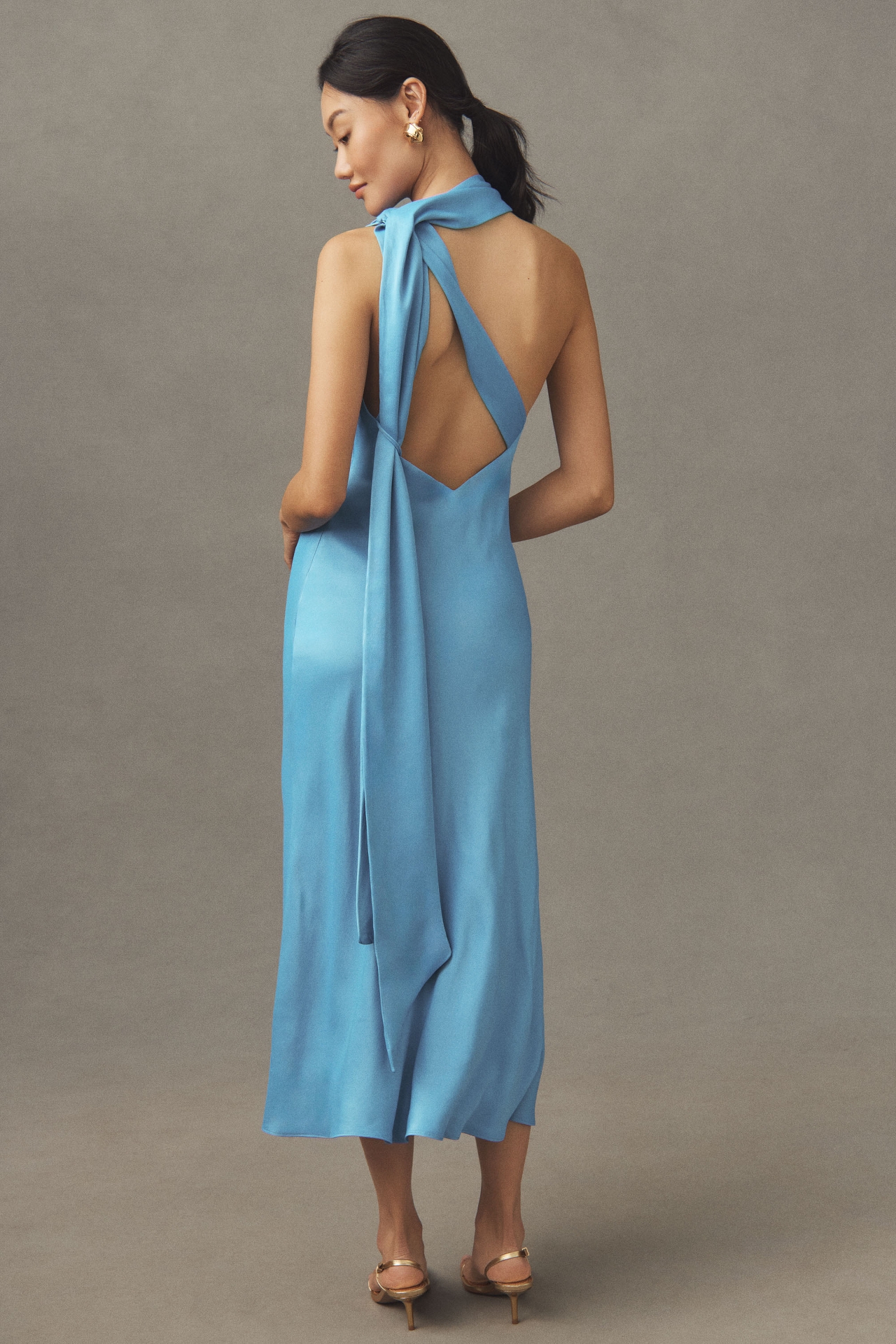 BHLDN Nicoletta One-Shoulder Tie-Neck Satin Midi Dress