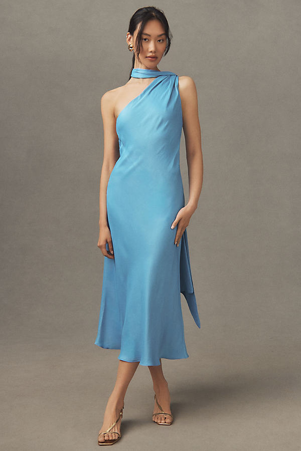 Shop Bhldn Nicoletta One-shoulder Tie-neck Satin Midi Dress In Blue