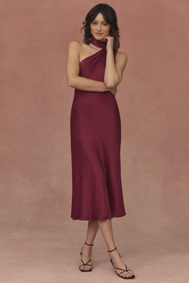 BHLDN NICOLETTA ONE-SHOULDER SCARF SATIN MIDI DRESS 