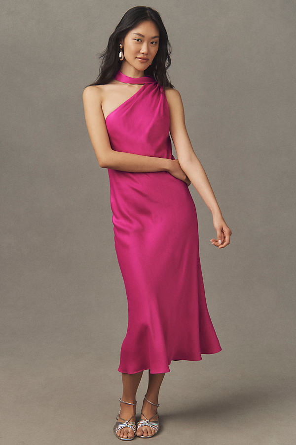 Shop Bhldn Nicoletta One-shoulder Tie-neck Satin Midi Dress In Purple