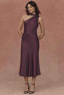 BHLDN NICOLETTA ONE-SHOULDER SCARF SATIN MIDI DRESS 