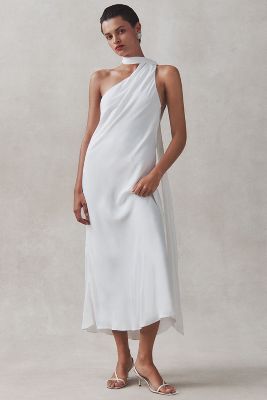 Shop Bhldn One-shoulder Removable Scarf Midi Dress In White