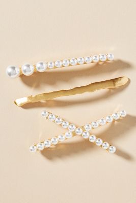By Anthropologie Pearl Barrette Hair Clips, Set Of 3 In White